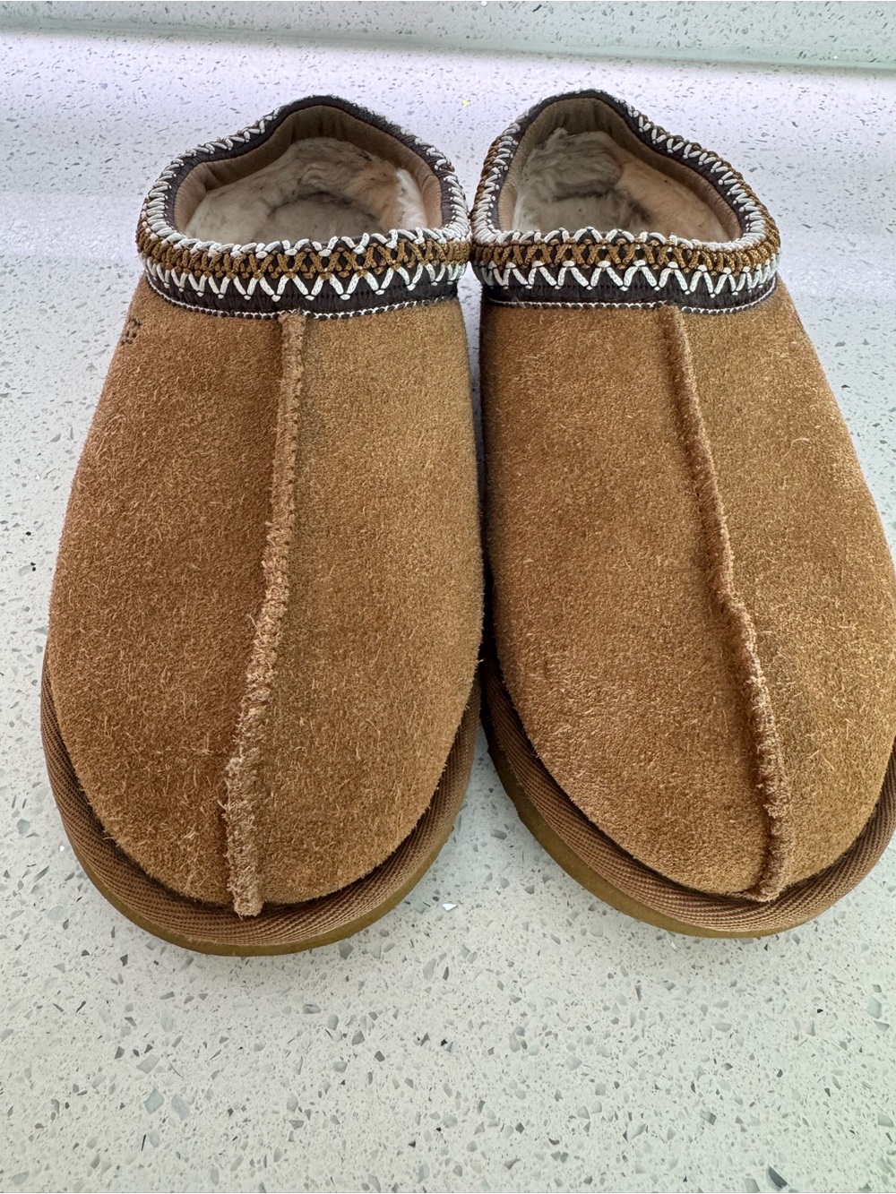 UGG Tasman chestnut suede slippers | shearling lined | embroidered